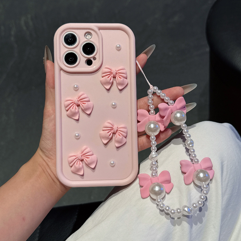Phone Accessories For Girls - Pink Phone Case With Bowknot Pearl
